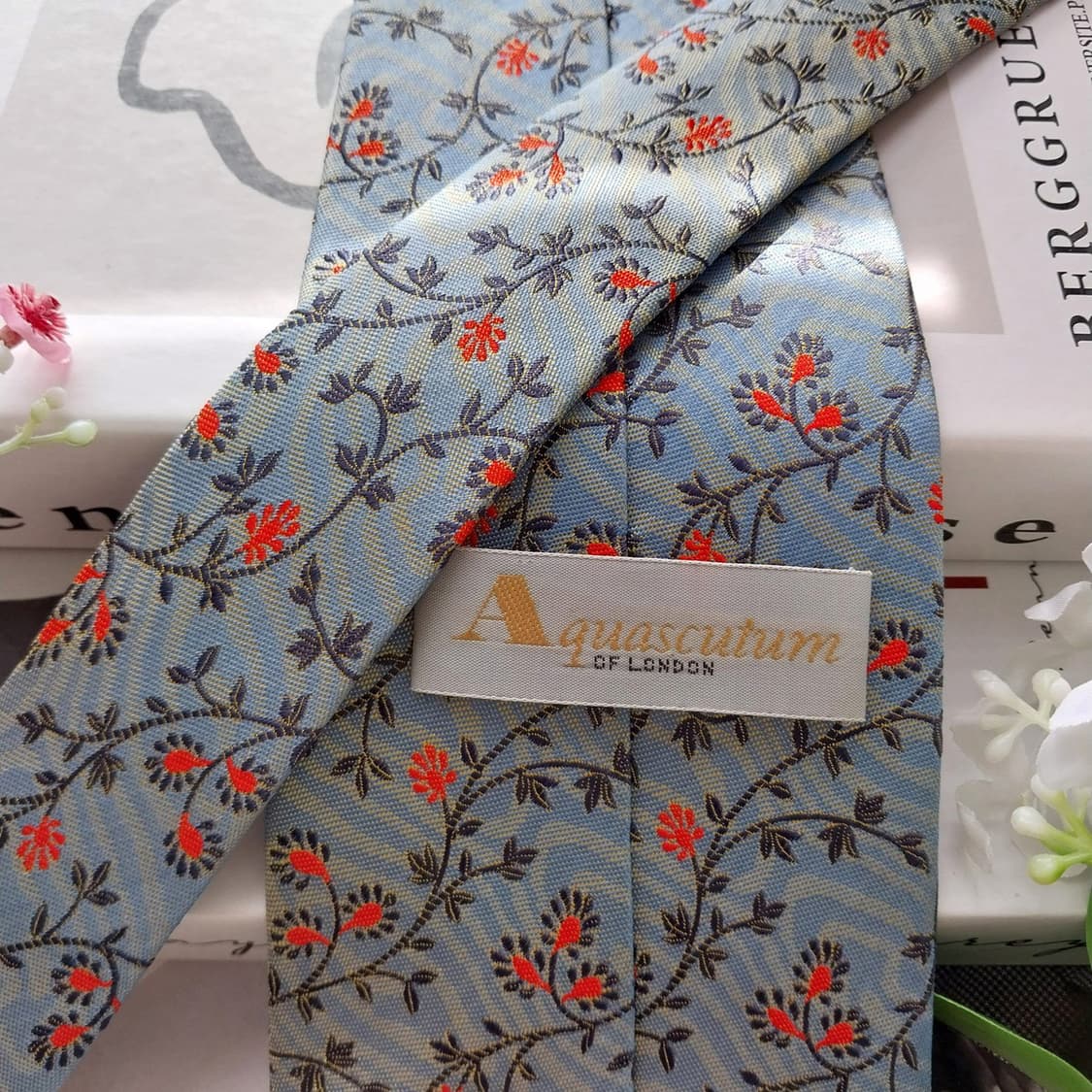 아쿠아스큐텀 실크 블루 플로럴 패턴 넥타이 9.7cm A등급 K2166 상품이미지6