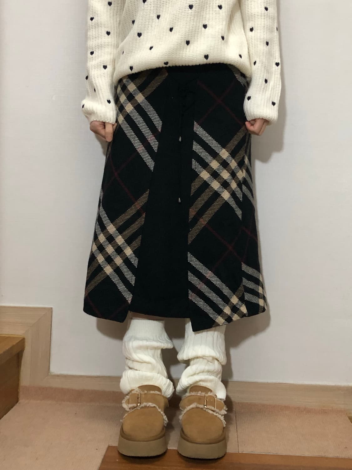 빈티지 블랙 체크 패턴 롱 스커트 상품이미지4