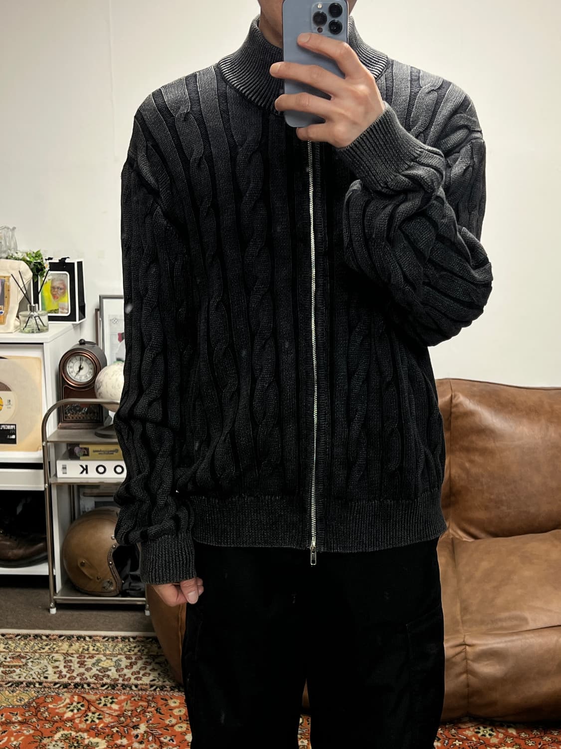 [XL] 트릴리온 빈티지 케이블 니트 집업 차콜 상품이미지3