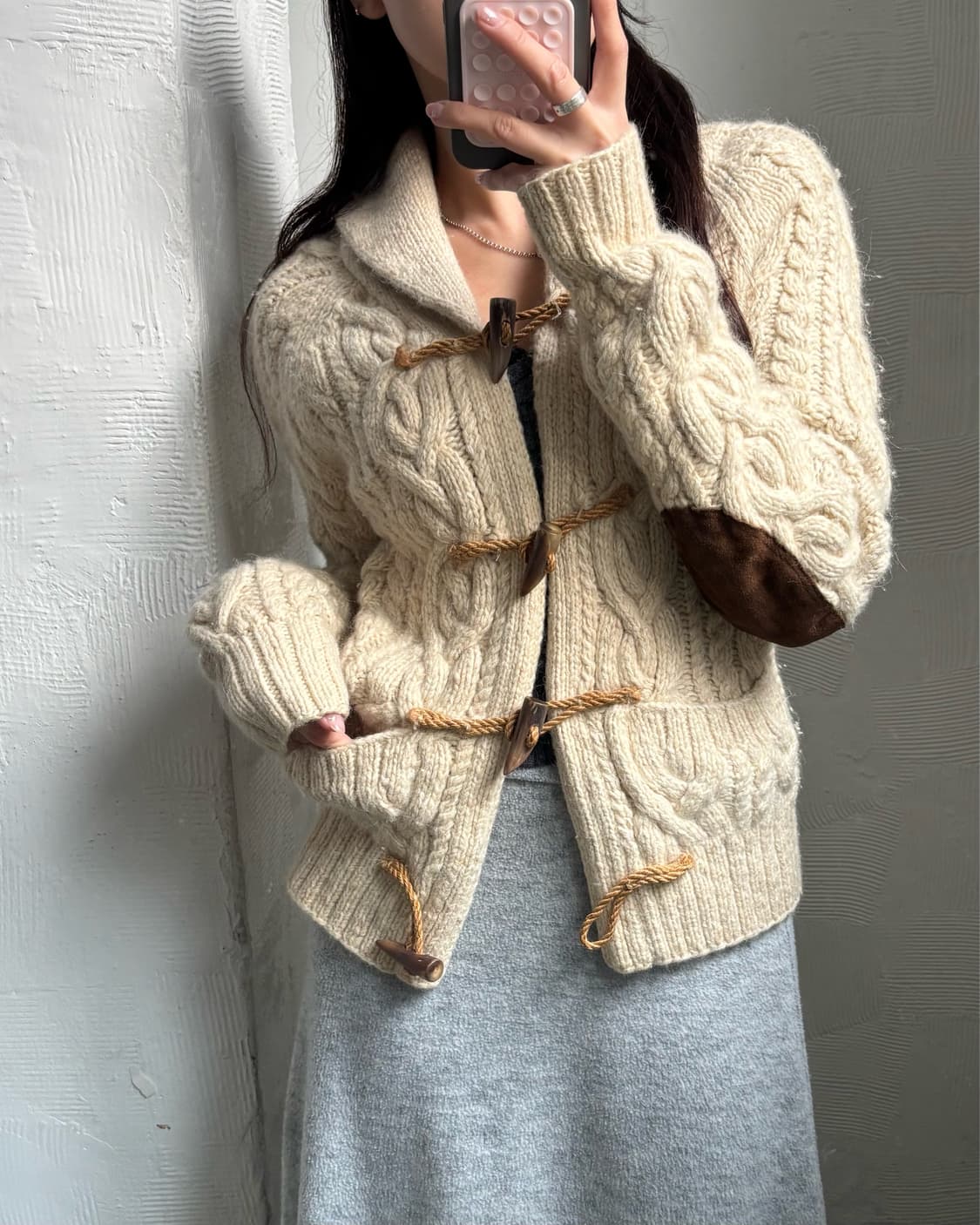 Polo 랄프로렌 울 캐시미어 아이보리 컬러 엘보우패치 더플버튼 케이블  상품이미지1