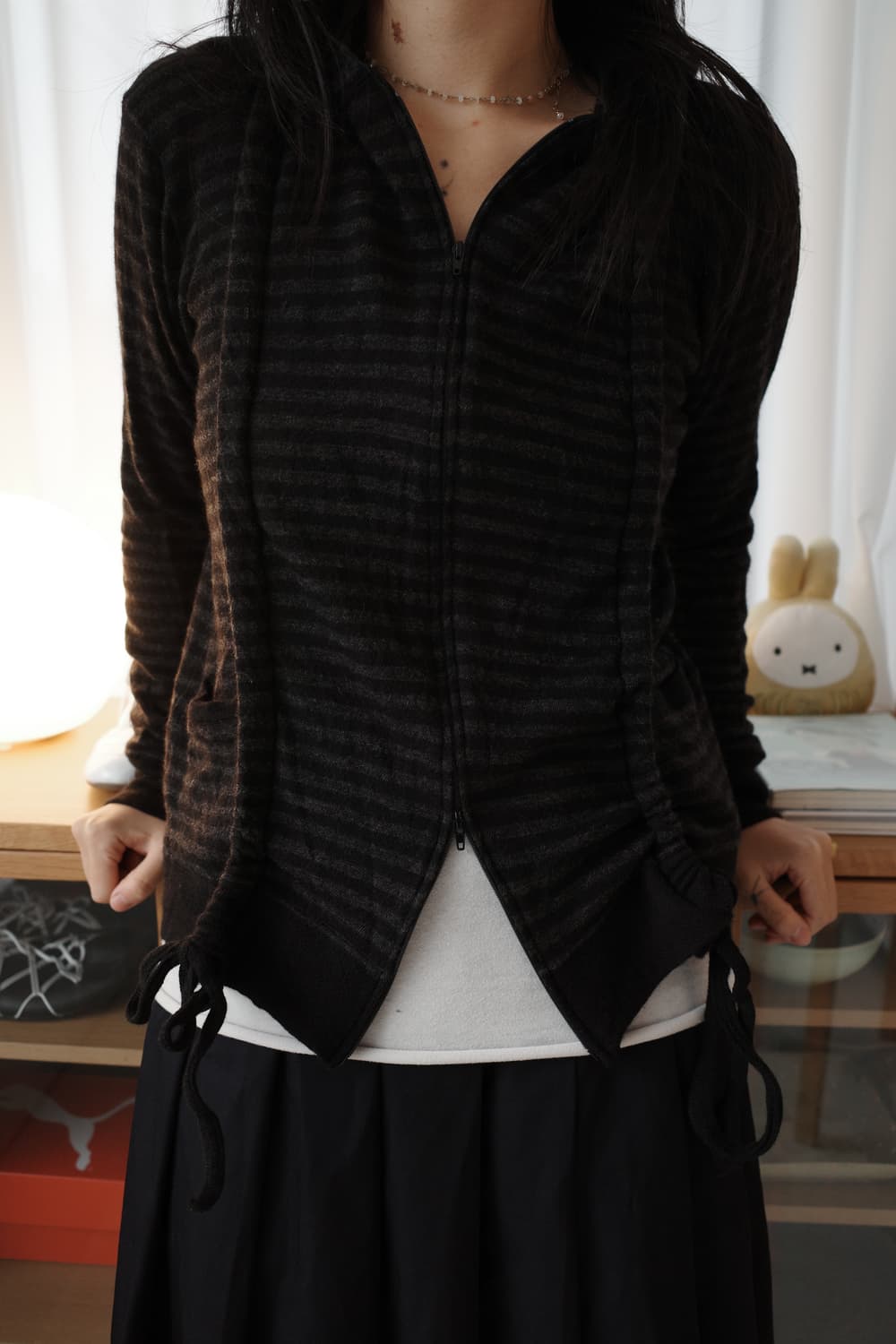 Shirring stripe wool hood zip-up 상품이미지2