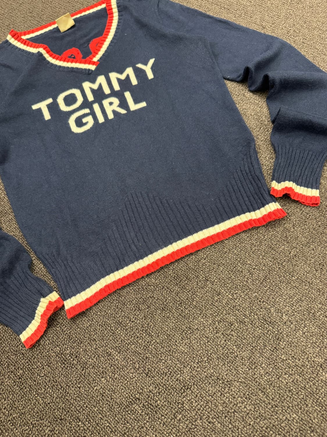 S)Tommy Girl 빈티지 배색 네이비 브이넥 여성 니트 상품이미지4