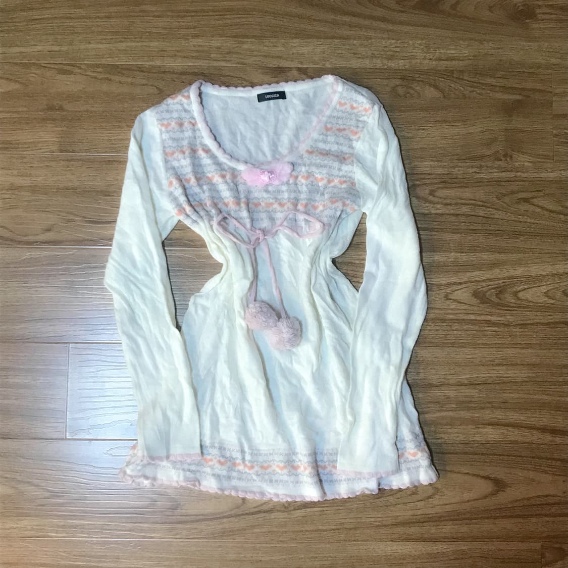 빈티지 딸기우유 핑크 퐁퐁이 리본 니트 티셔츠 히메갸루 로걀 라떼 모리걸 상품이미지1