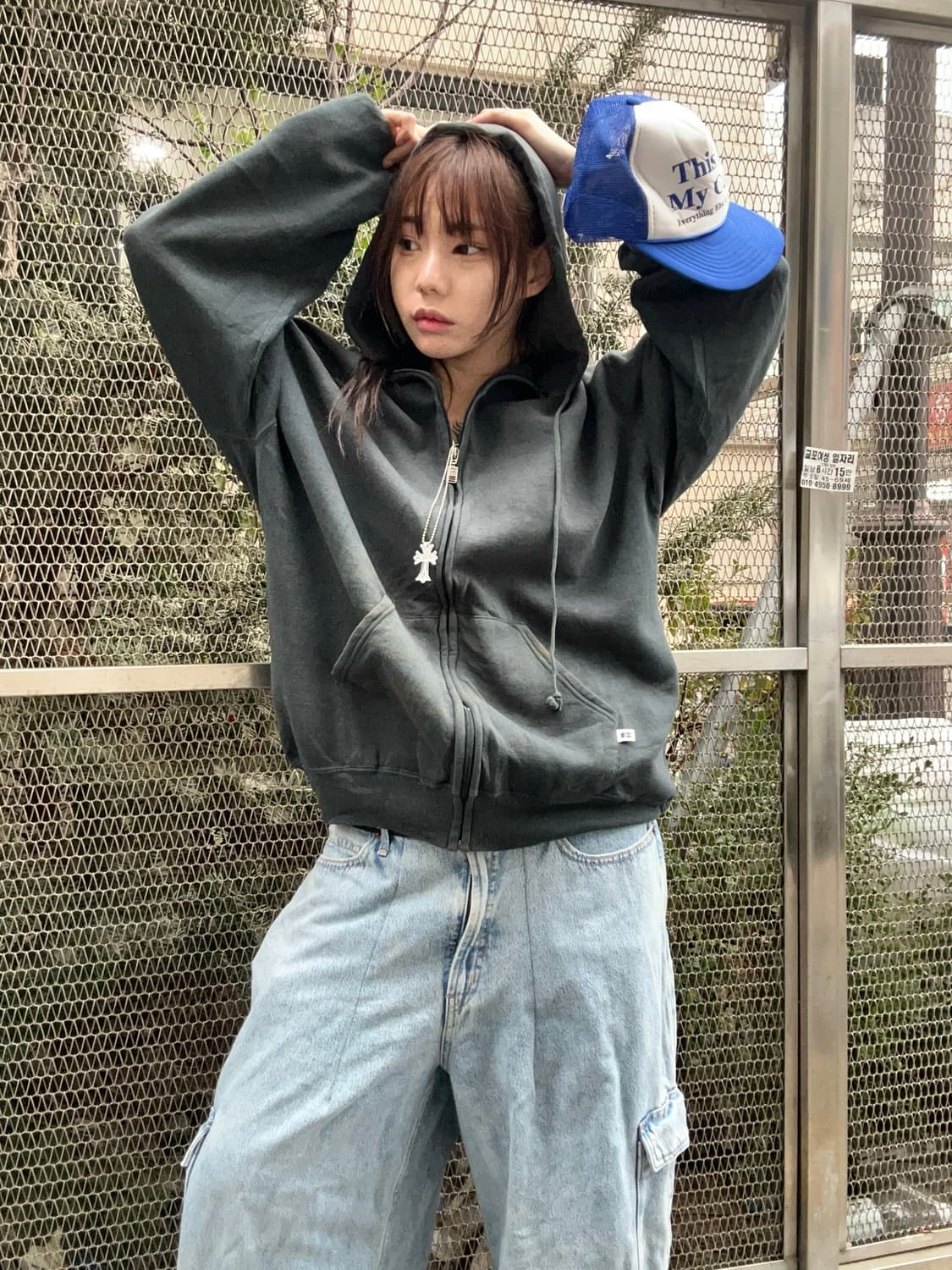 90s RUSSELL 올드스쿨 카키그레이 오버사이즈 후드집업 상품이미지1