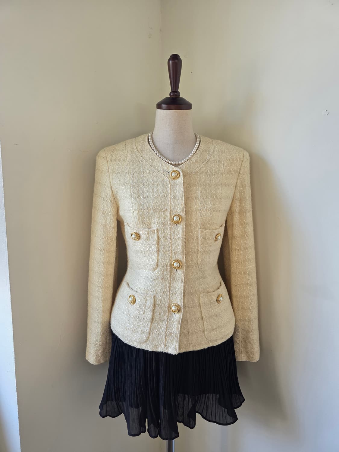 아이보리 레이스 테이핑 진주버튼 트위드 자켓 상품이미지2