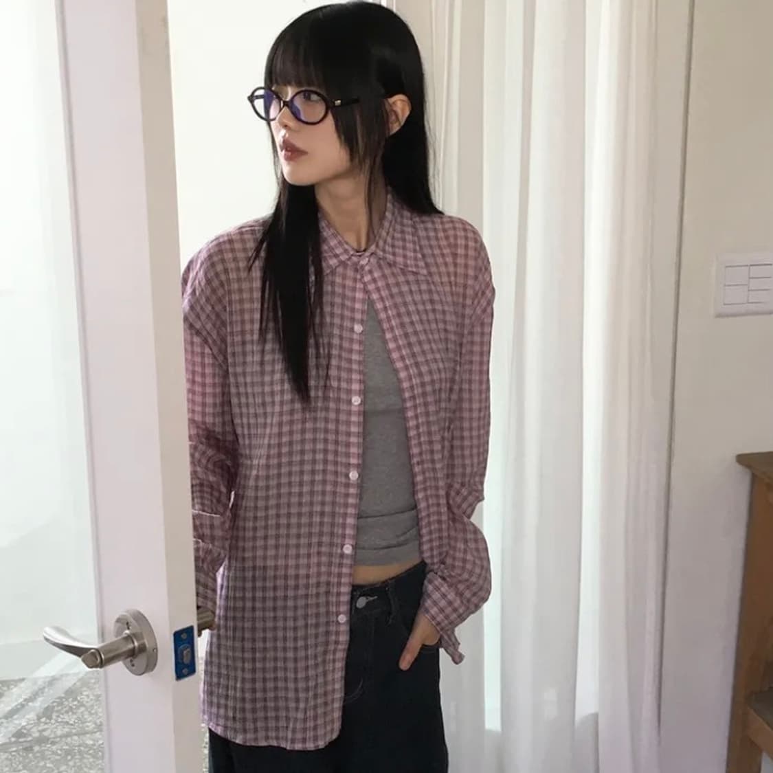 베터 시어커터 오버핏 시스루 빈티지 체크 긴팔 셔츠 상품이미지2