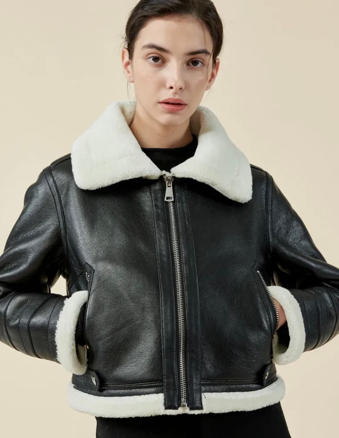 레프트서울 더블칼라 크롭 무스탕 자켓 블랙 상품이미지3