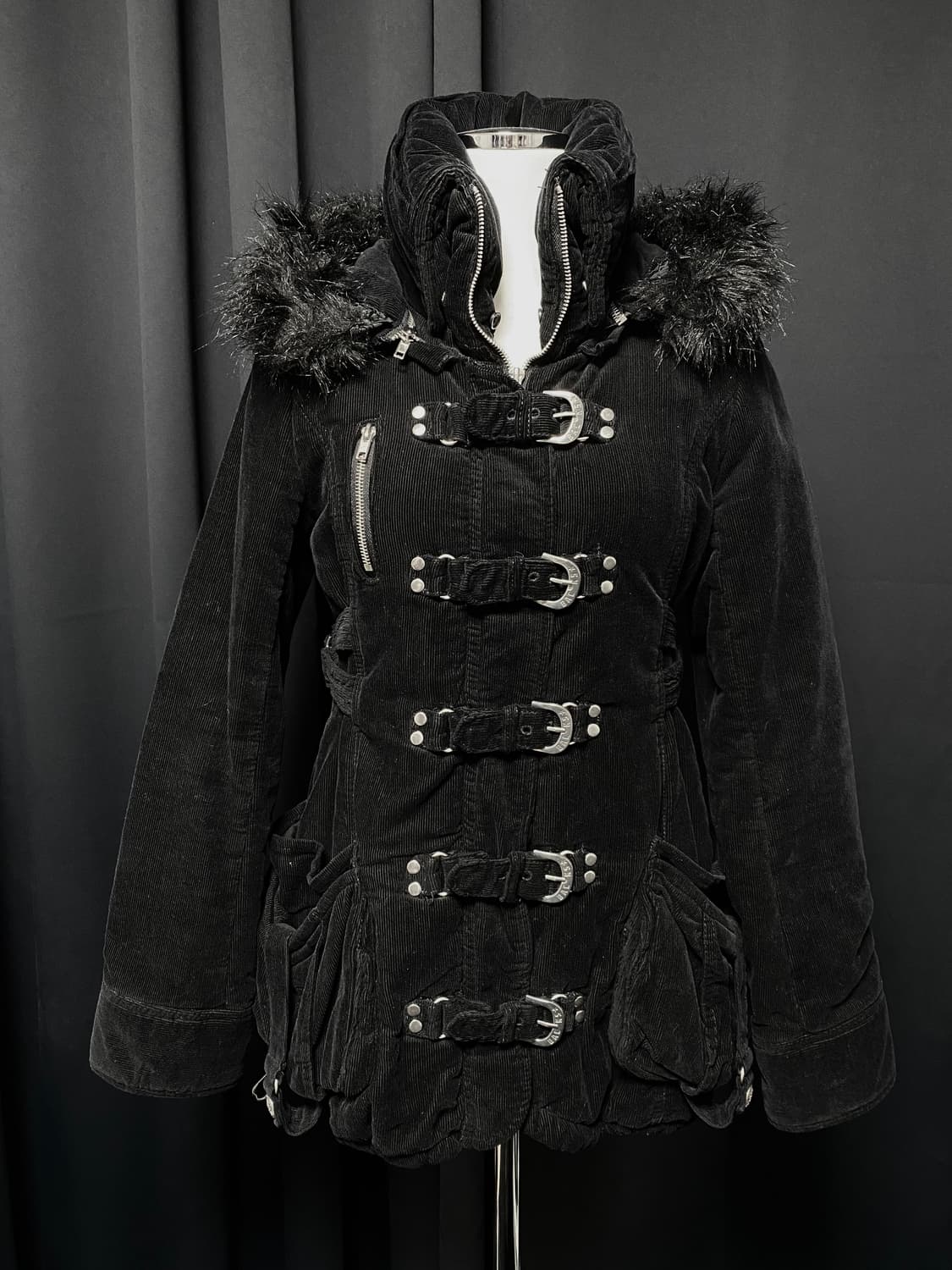 고스 펑크 버클 코듀로이 패딩 후드 자켓 코트 일본빈티지 상품이미지1