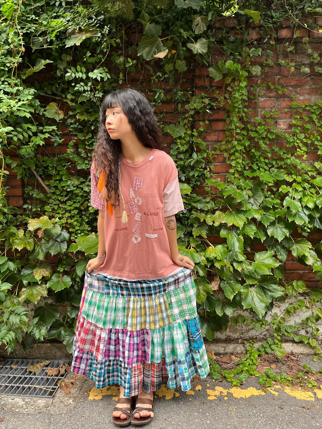 일본무드 체크 패치워크 롱 스커트 상품이미지1