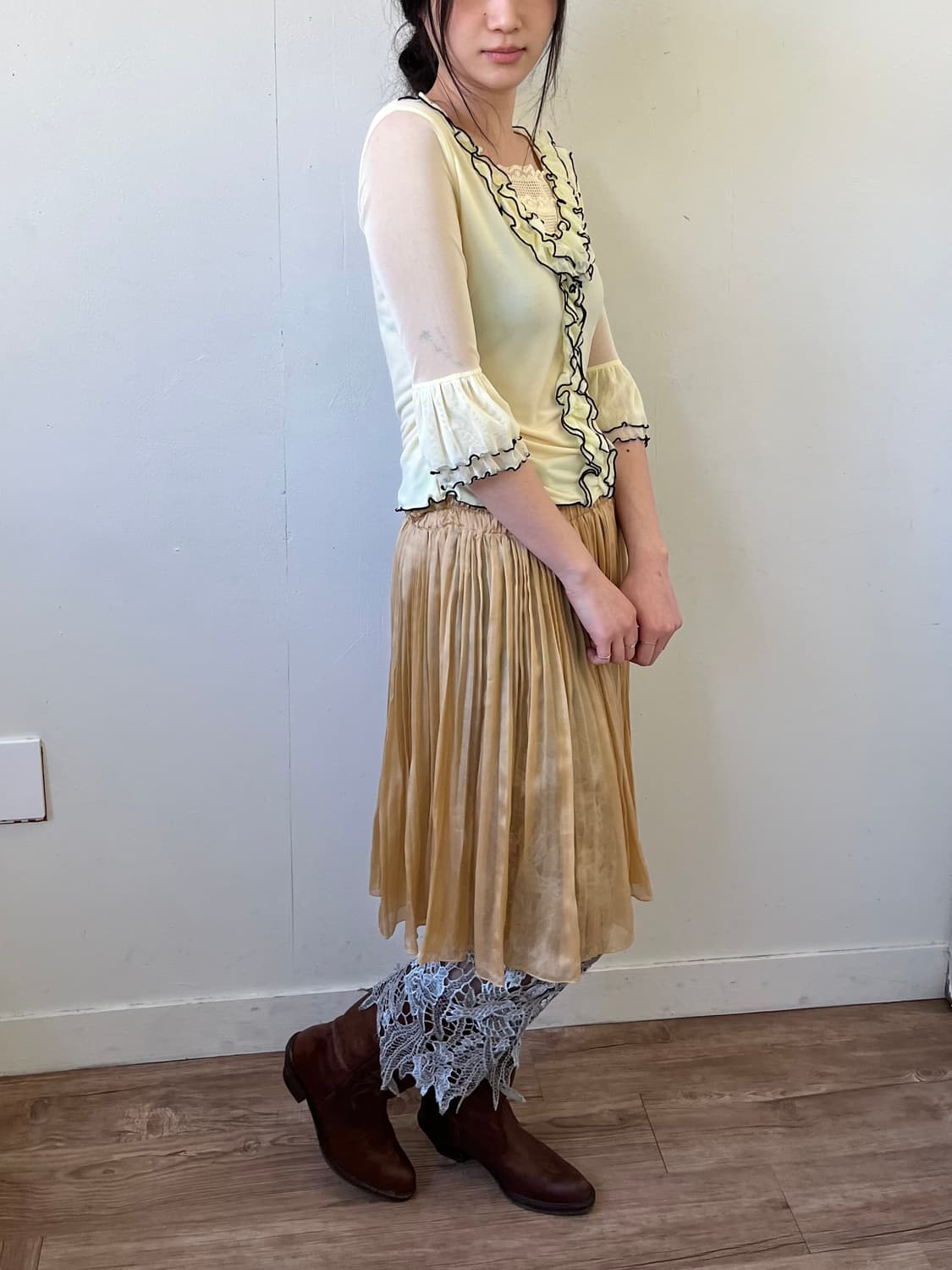 Japan vtg 엘로우 프릴 탑 상품이미지5