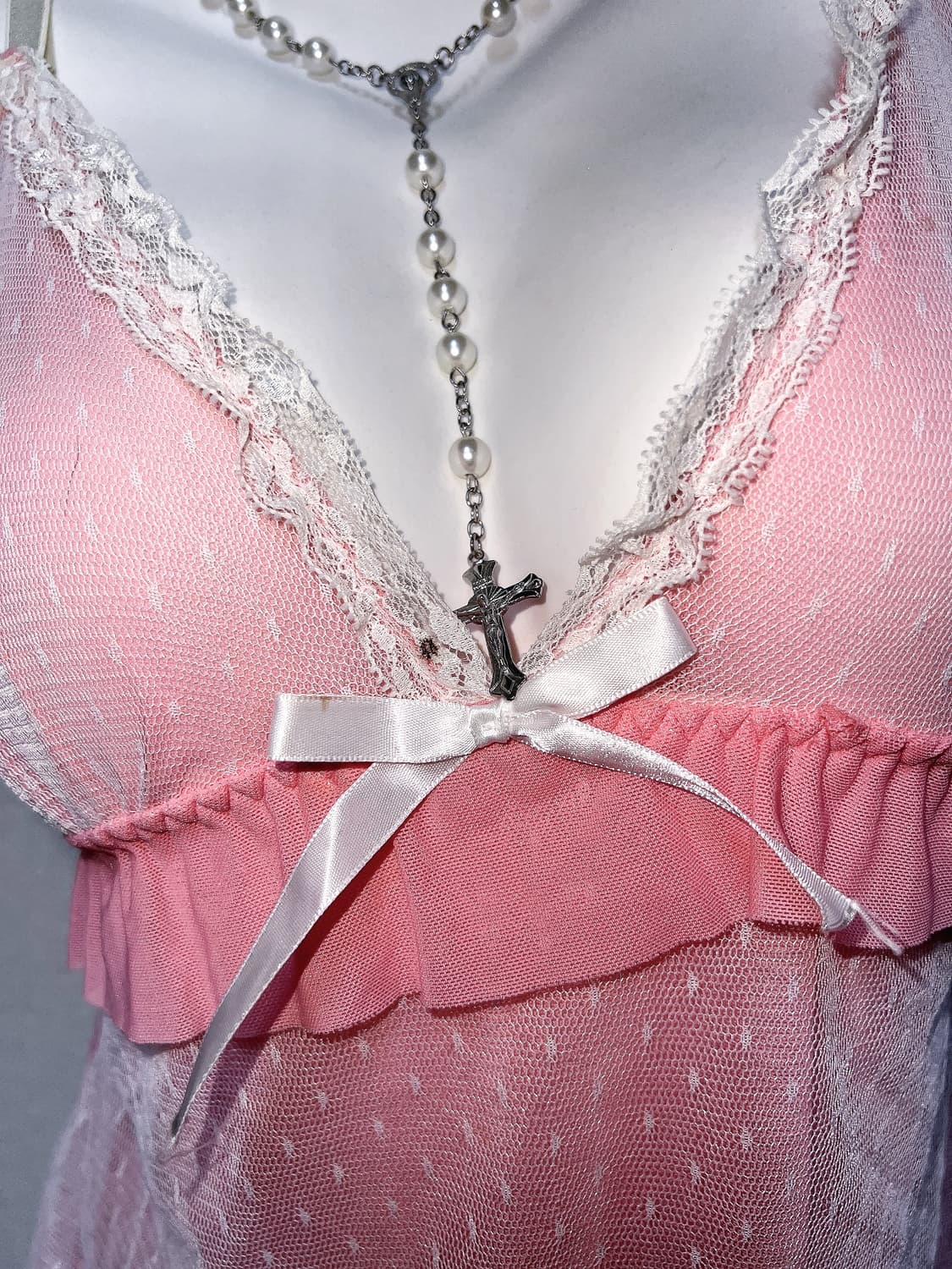 히메갸루 로맨틱 로걀 핑크 도트 레이스 프릴 슬리브리스 나시 슬립 핀터 상품이미지7