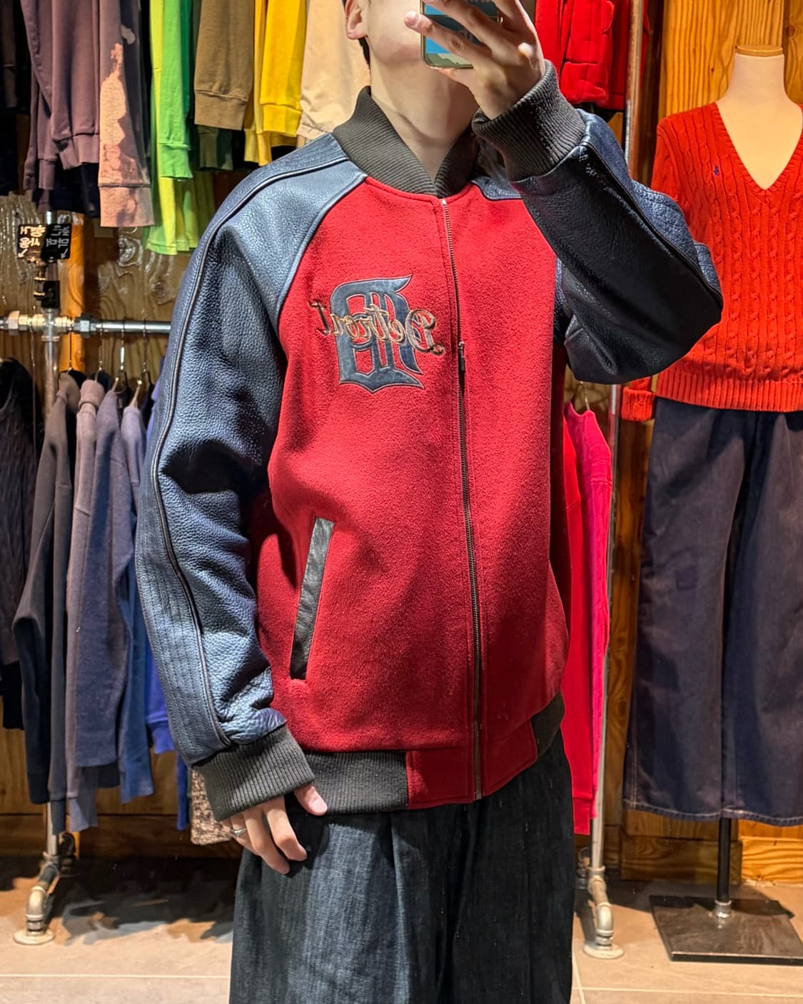 L MLB 메이저리그 타이거 빅로고 레더 울 바시티 상품이미지2