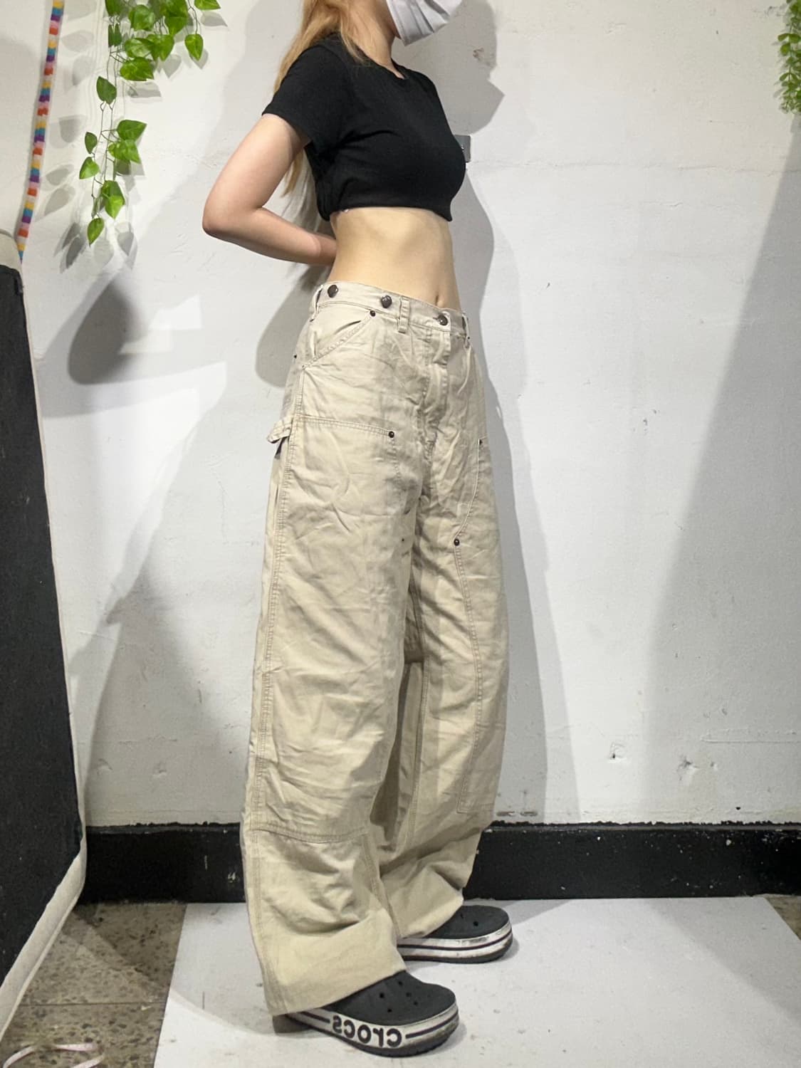 빈티지 베이지 더블니 카펜터 망치 주머니 와이드 팬츠 상품이미지1