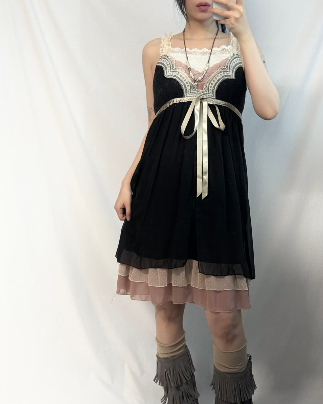 레이스 레이어드 가디건 슬리브리스 원피스 3pcs SET 상품이미지3