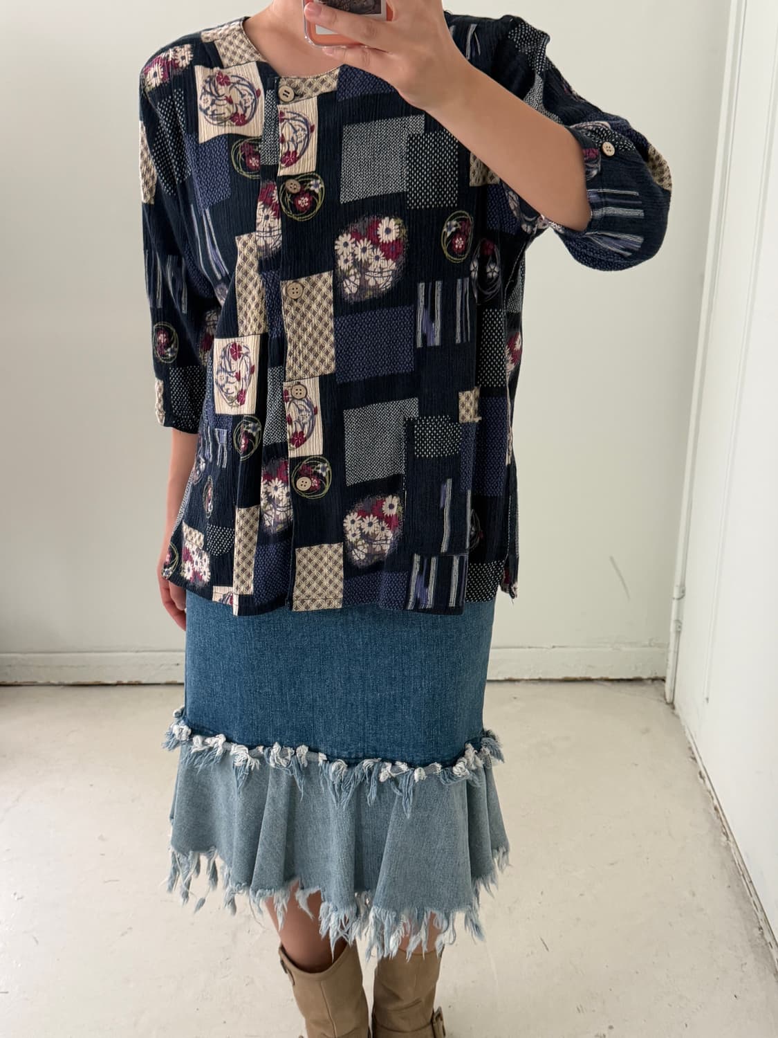 일본빈티지 프린지 데님 미디스커트 상품이미지2