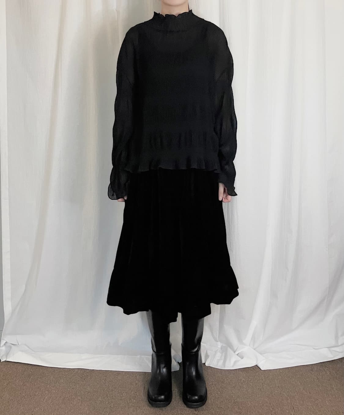 Chiffon Shirring Blouse - Black 상품이미지1