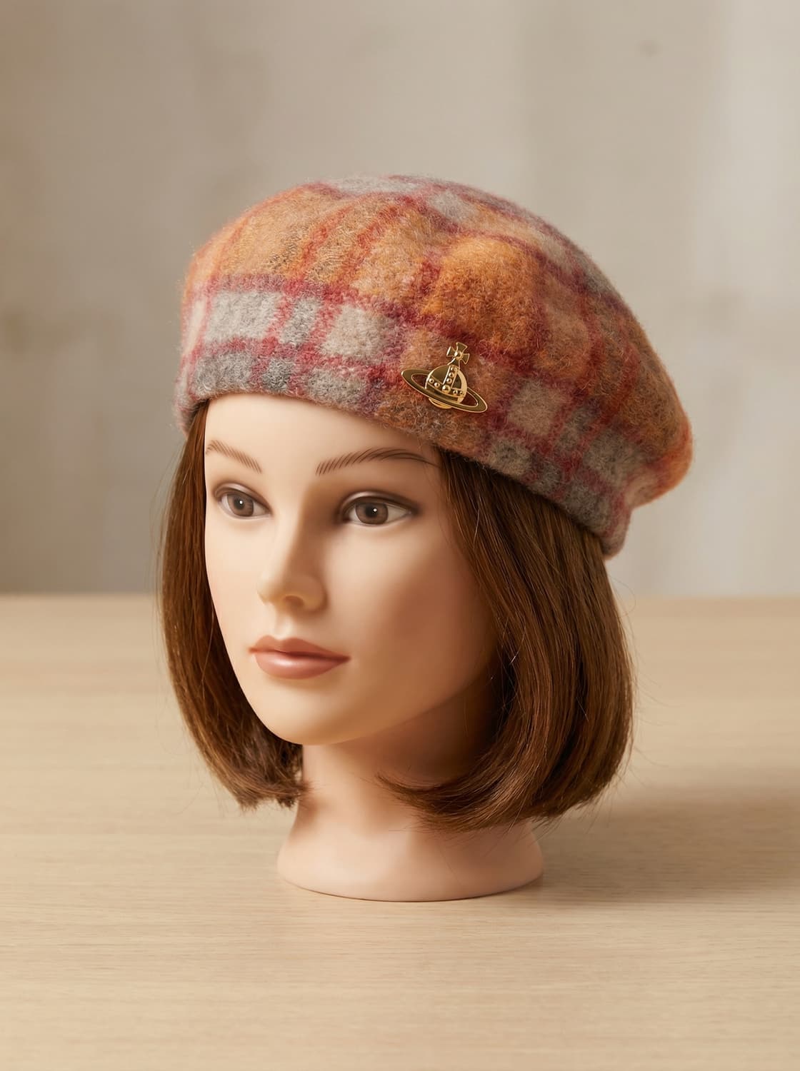 🪐 Vivienne Westwood 체크 베레모 – 브라운 믹스 상품이미지2