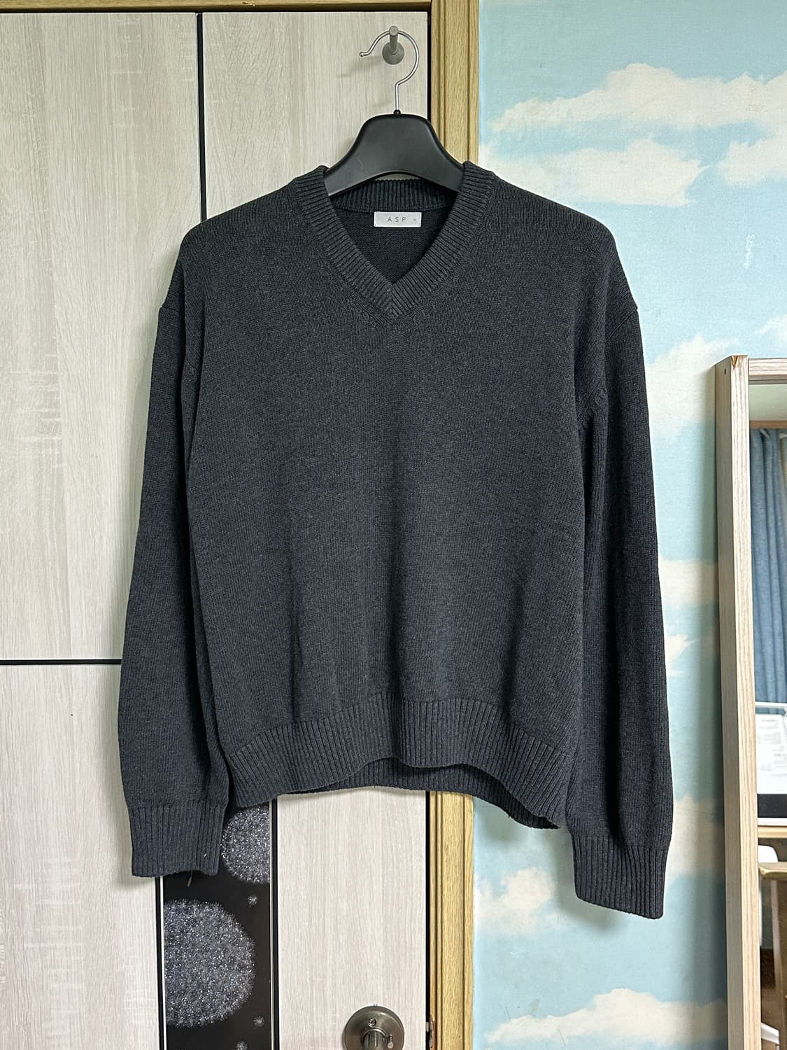 (XL) 애습 코튼 브이넥 니트 멜란지 차콜 상품이미지2