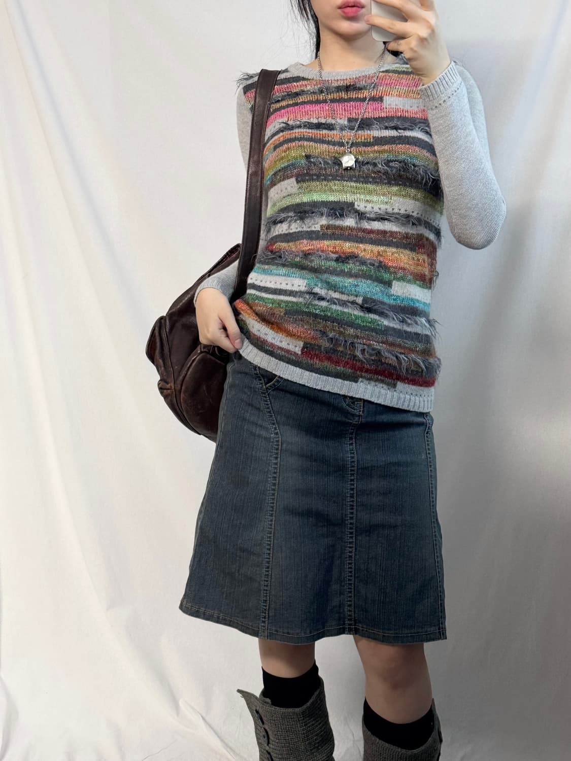 멀티 컬러 울 니트 스티치 데님 스커트 2pcs SET 상품이미지8