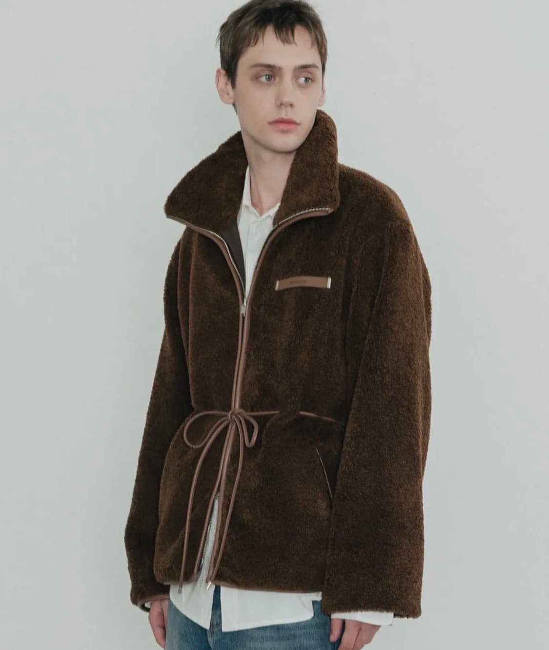 신앤리 하이넥 레더 벨트 플리스 자켓 브라운 상품이미지2