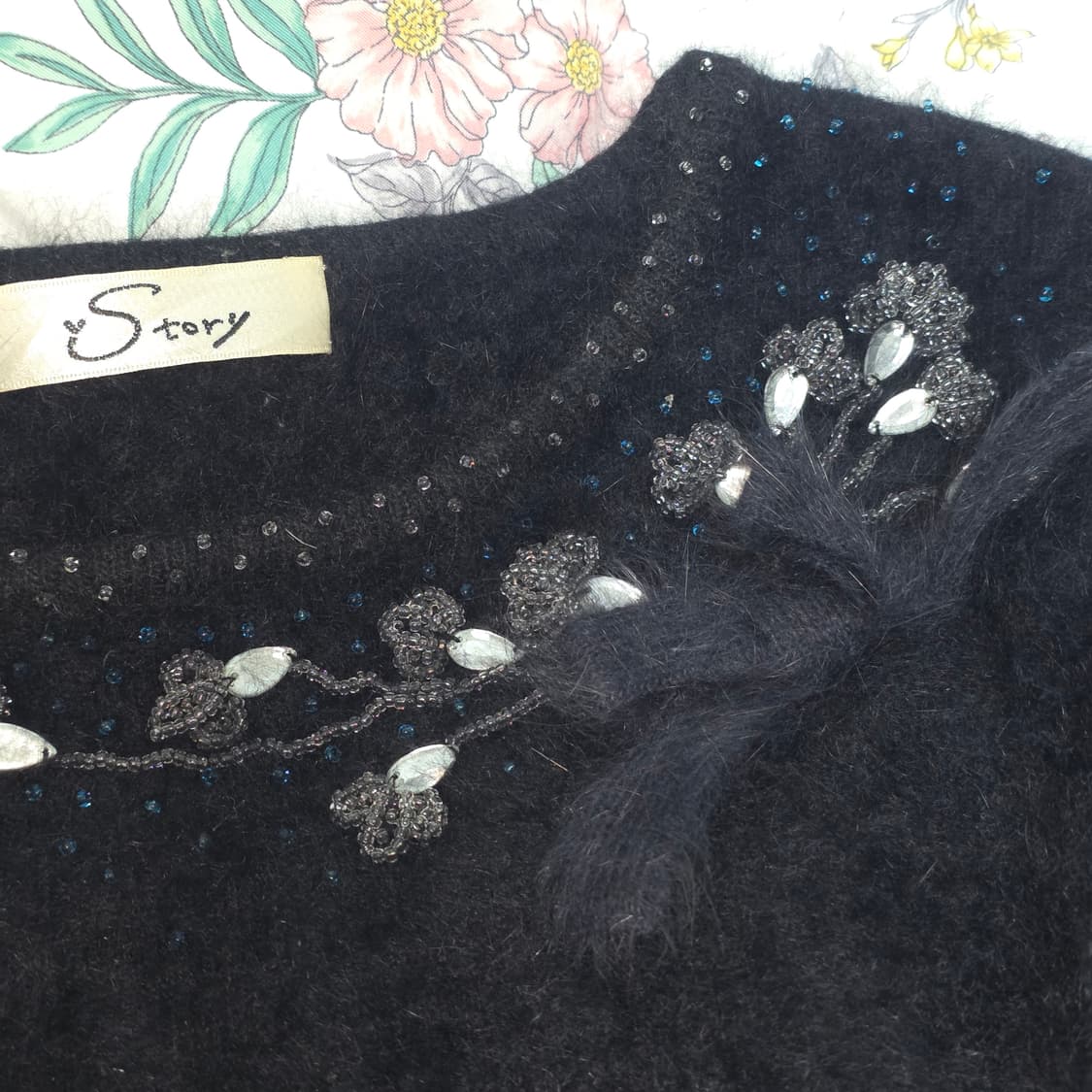 일본빈티지)블랙 고딕모리걸st 앙고라 리본큐빅비즈 로맨틱 반팔니트 상품이미지3