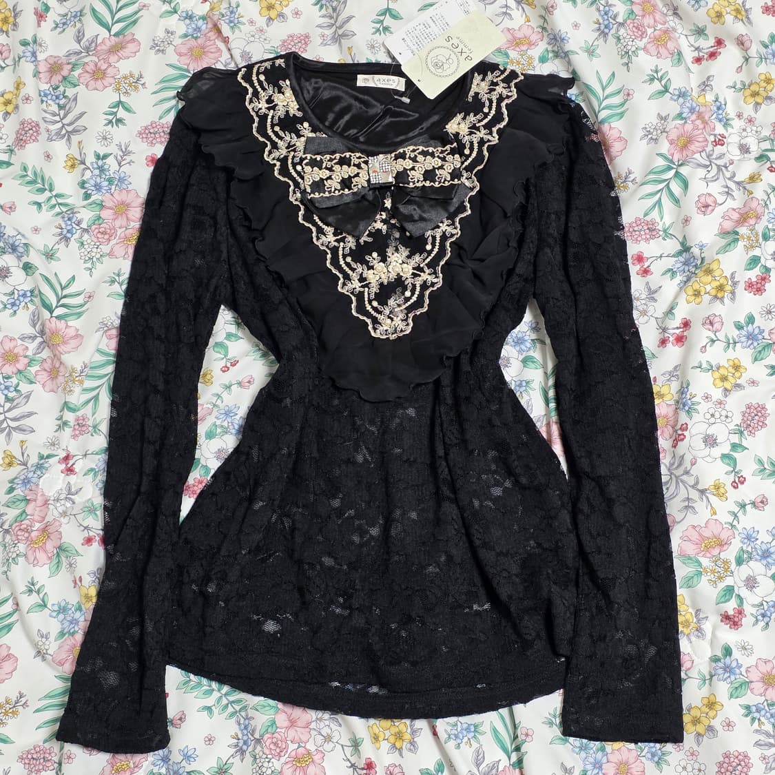 엑시즈팜 일본빈티지)빅리본 레이스진주 공겜여주프릴블랙 고딕로리타 블라우스 상품이미지1