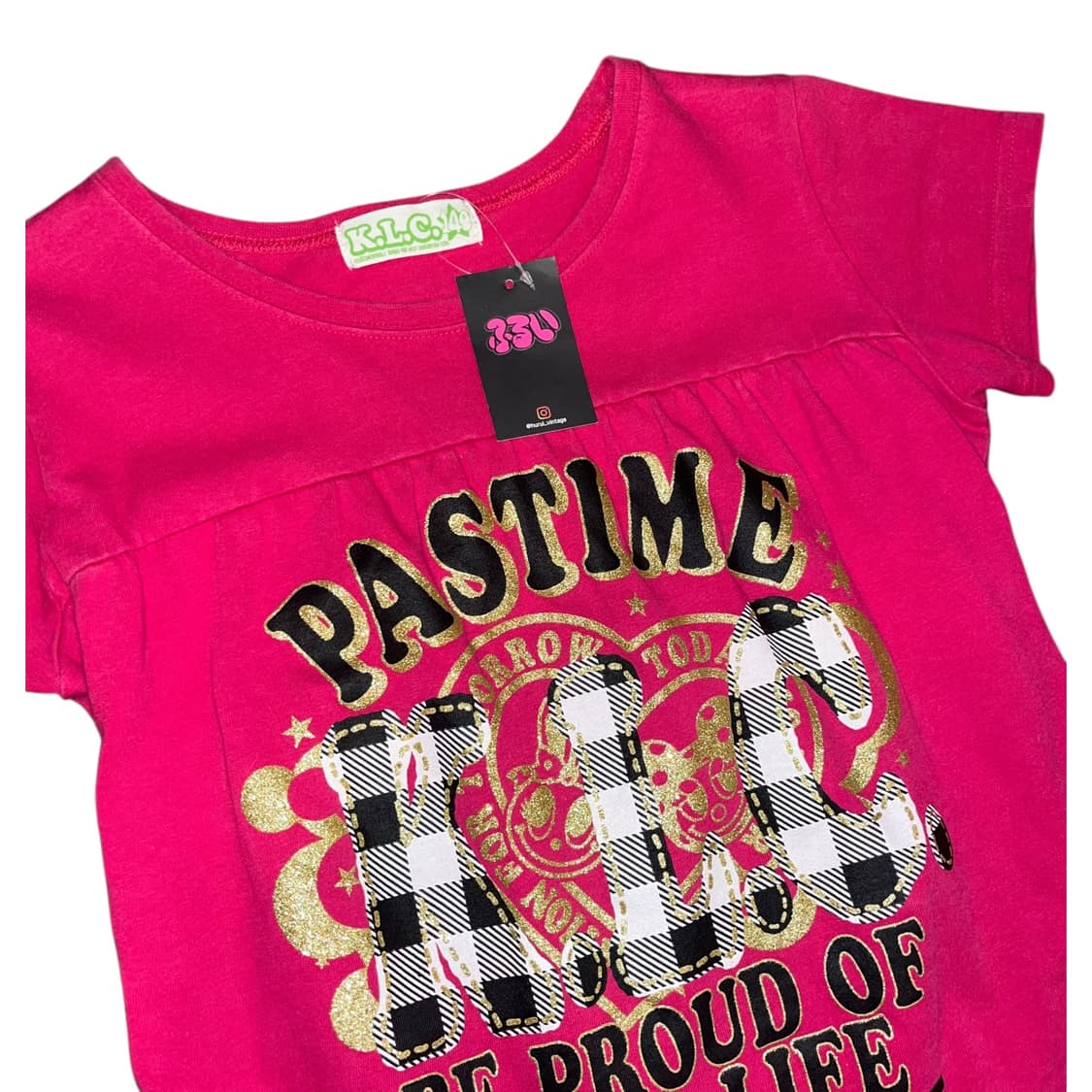 k.L.C. 핑크 캐릭터 체크 퍼프 반팔 키치 갸루 펑크 상품이미지2