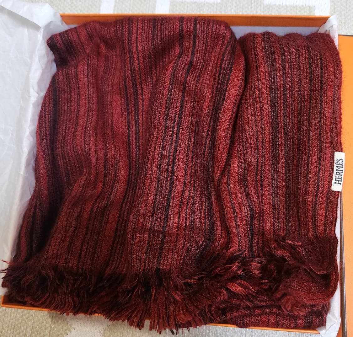 [정품 ] 에르메스 머플러 목도리 100% 캐시미어 버건디 줄무늬  상품이미지5