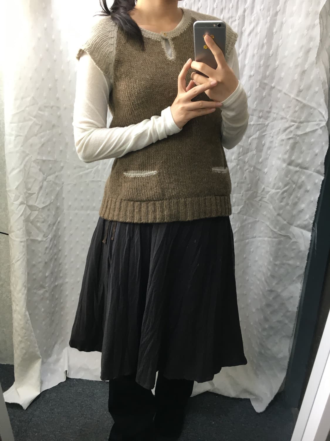 베이지 브라운 배색 반소매 니트 상품이미지5