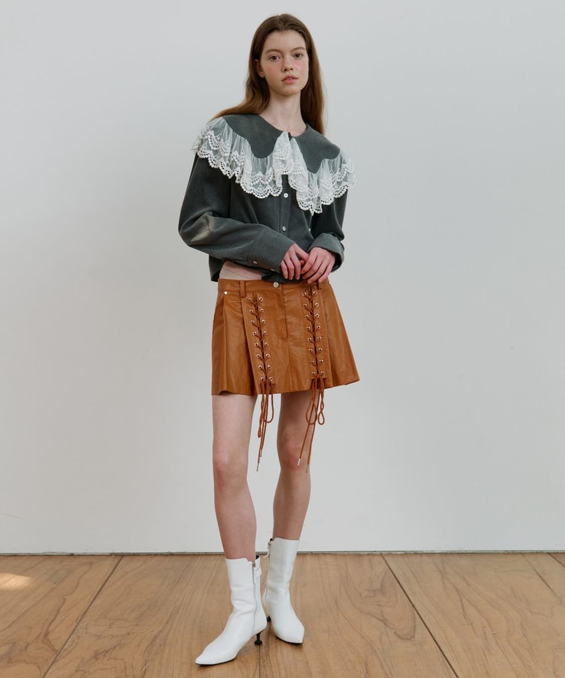 DEWE 듀이하트듀이 레더 레이스업 스트랩 웨스턴 가죽 미니 스커트 S 상품이미지1