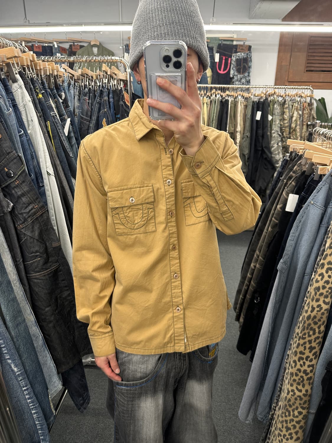 XL) 트루 릴리전 로고 스티치 브라운 데님셔츠 상품이미지1