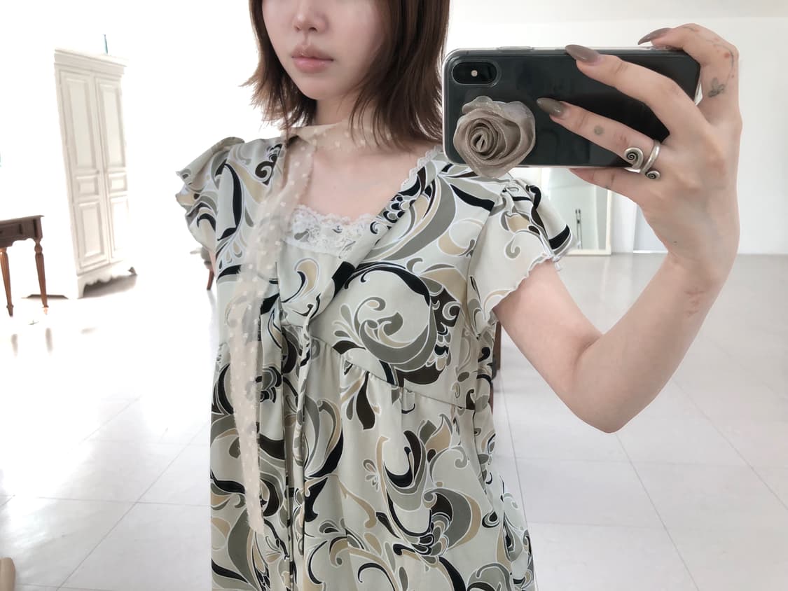 Set 페이즐리 프릴탑 & 그린티 미디 스커트 상품이미지3