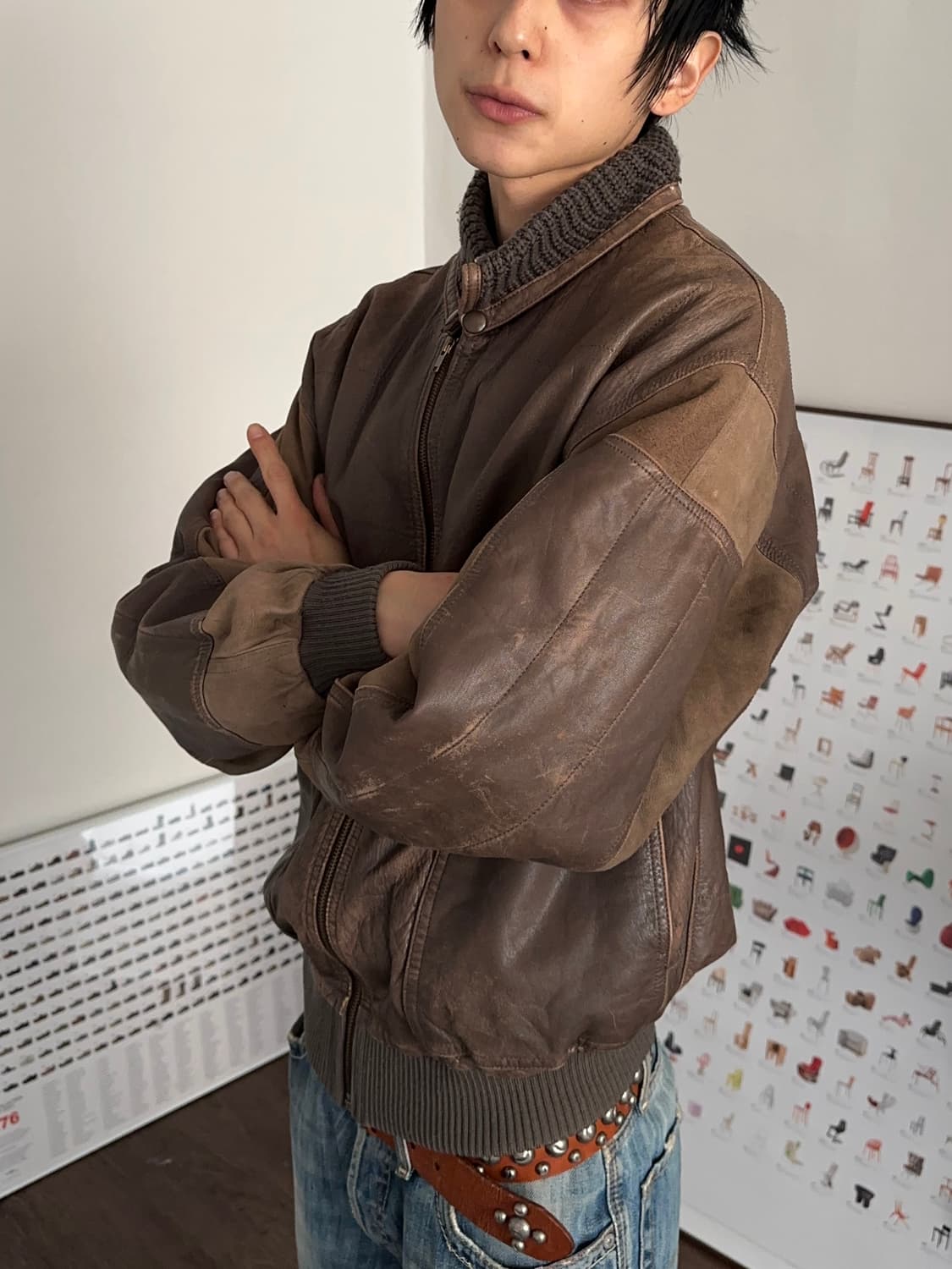 Hill Crest 니트리브 레더 봄버 상품이미지1