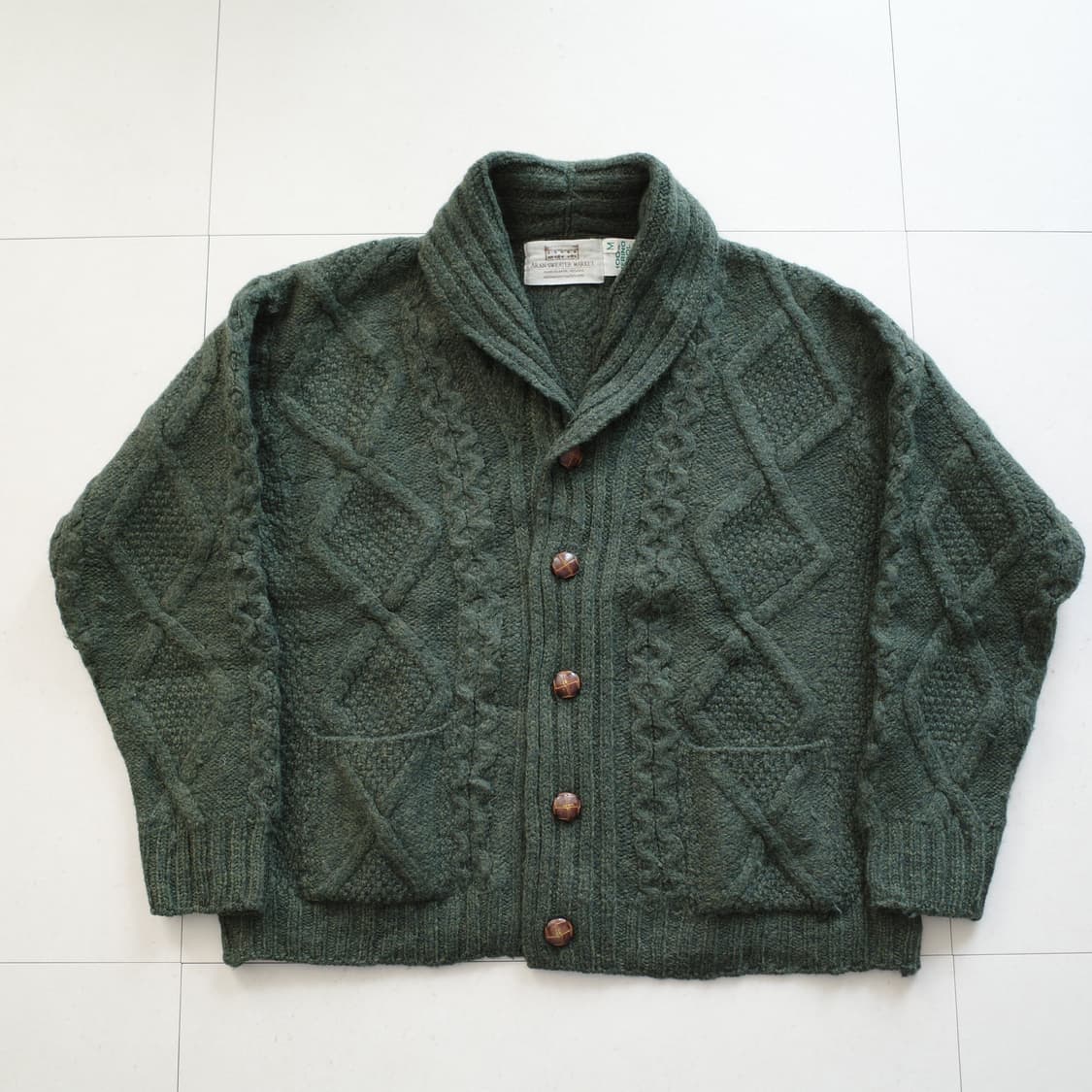 아란 스웨터 마켓 메리노 울 숄 가디건 M 딥그린 아일랜드 생산  상품이미지1
