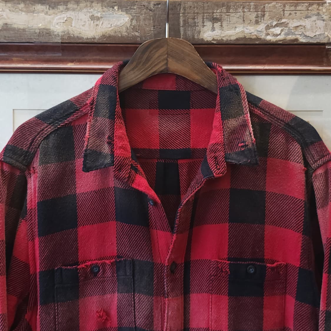 90s 빈티지 체크셔츠 헤비 플란넬 워크셔츠 썬페이딩 레드 윈도우 L 상품이미지3