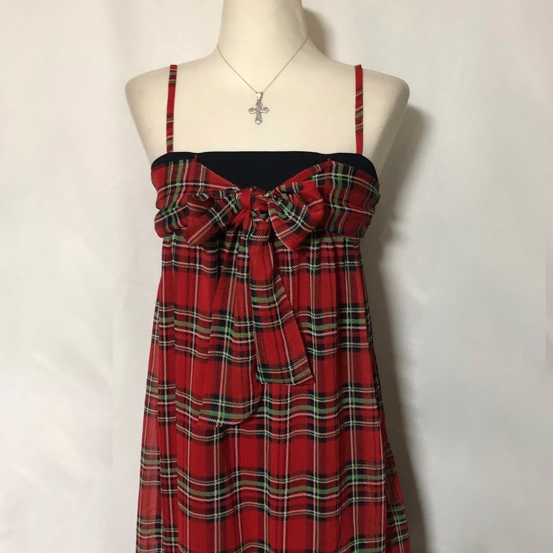 리본 체크 슬리브리스 원피스 레드 상품이미지4