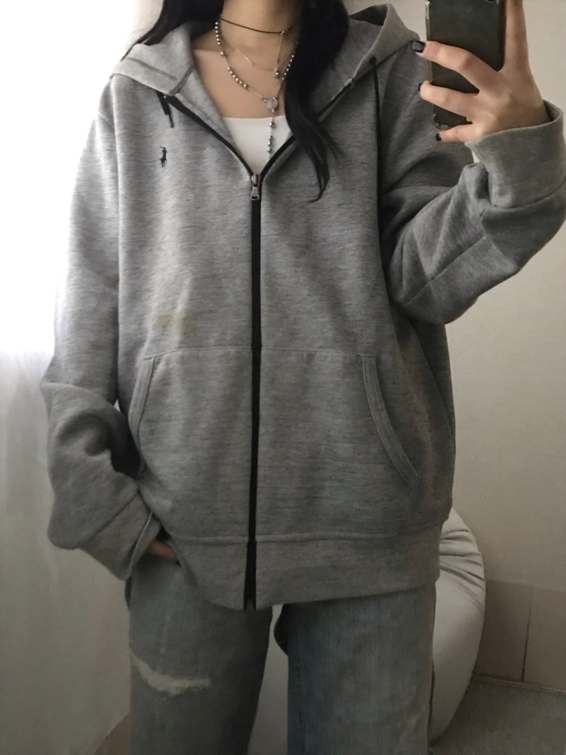 폴로 그레이 오버핏 후드집업 상품이미지5