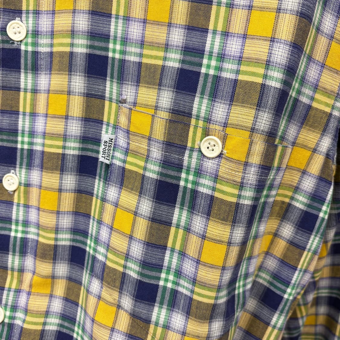 미쏘니 스포츠 코튼 긴팔 셔츠 체크 패턴 원 포켓 디테일 옐로우 네이비 상품이미지6