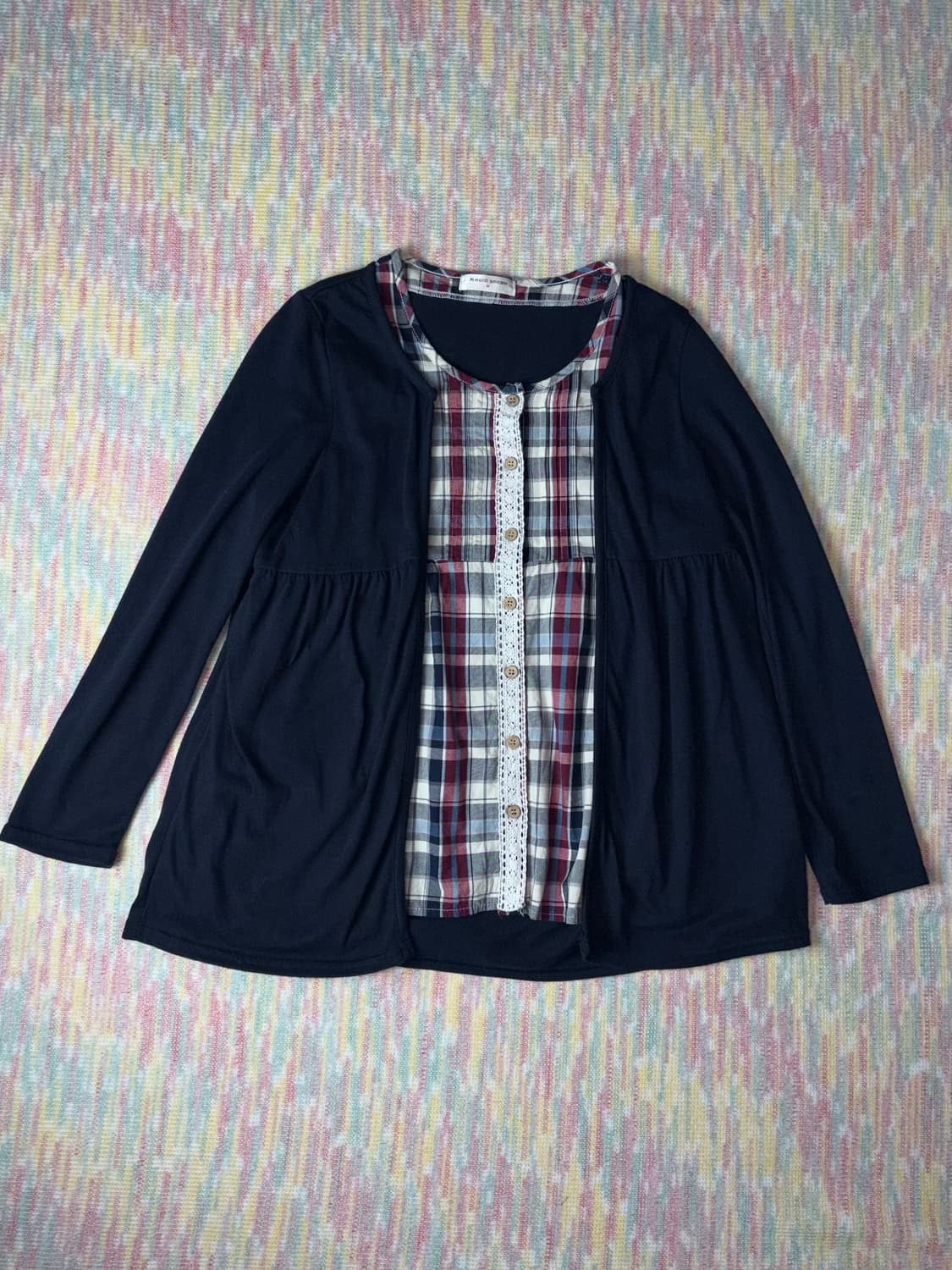 네이비 체크 레이어드 블라우스 상품이미지5