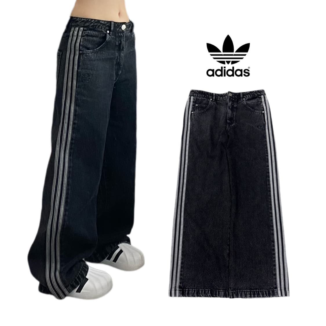 아디다스 파이어버드 삼선 와이드 흑청 데님팬츠 상품이미지1