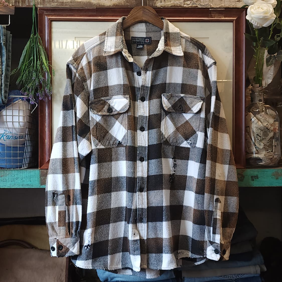 90s 아메리칸 빈티지 체크셔츠 헤비 플란넬 워크셔츠 윈도우 체크 xl 상품이미지1