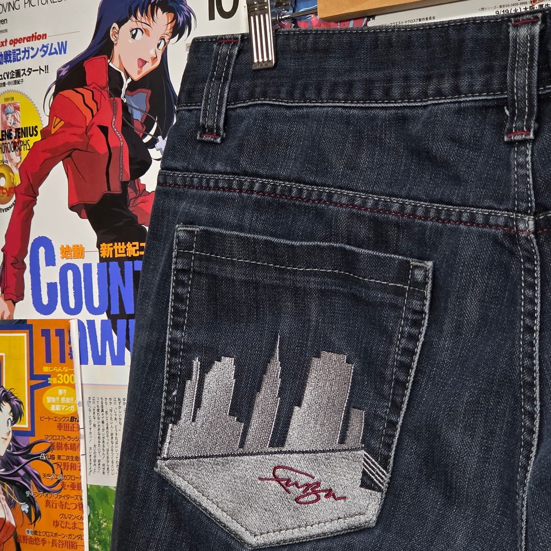 후부 버건디 자수 진청 데님 와이드 팬츠 상품이미지3