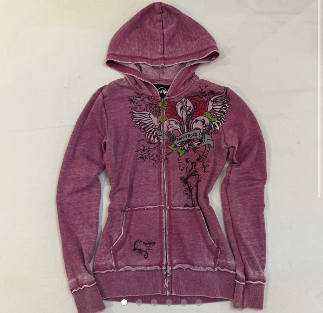 하드락카페 y2k 딱붙핏 프린팅 핑크 후드집업 상품이미지1