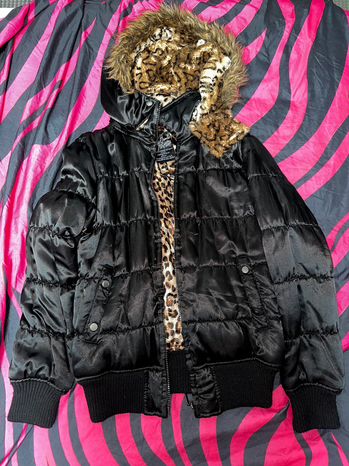 일본 빈티지 갸루 오네갸루 레오파드 호피 퍼 숏 크롭 패딩 상품이미지1