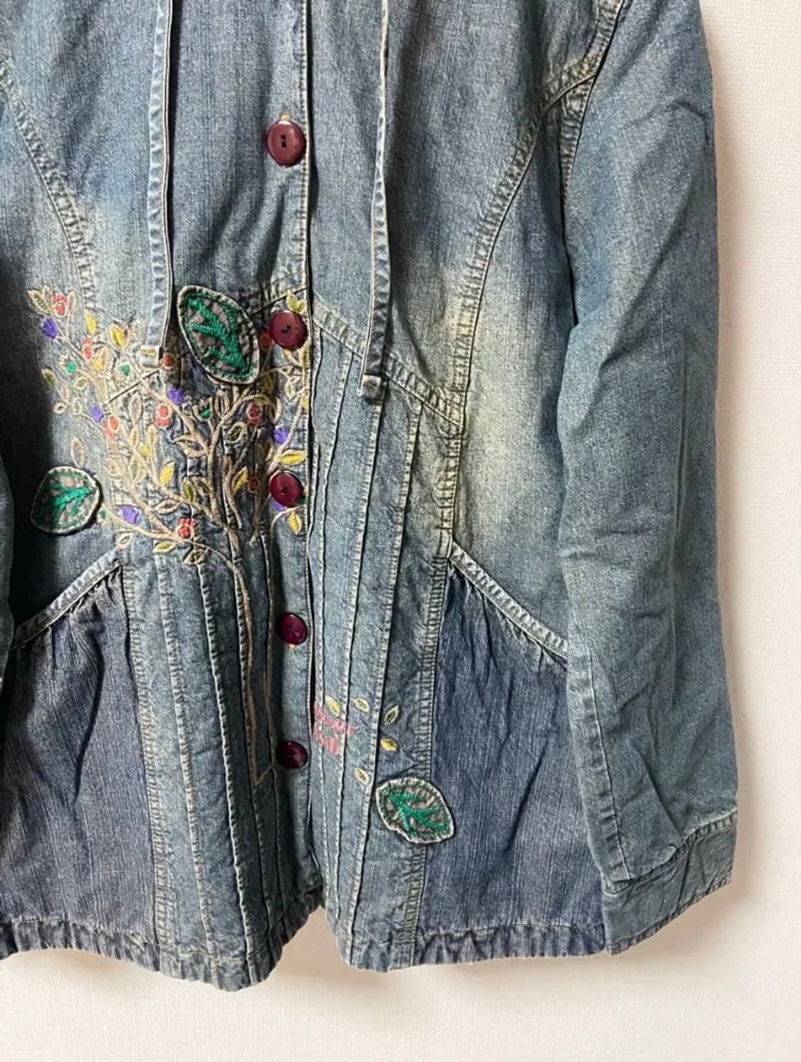 일본 빈티지 모리걸 보헤미안 자수 후드 청자켓 상품이미지3