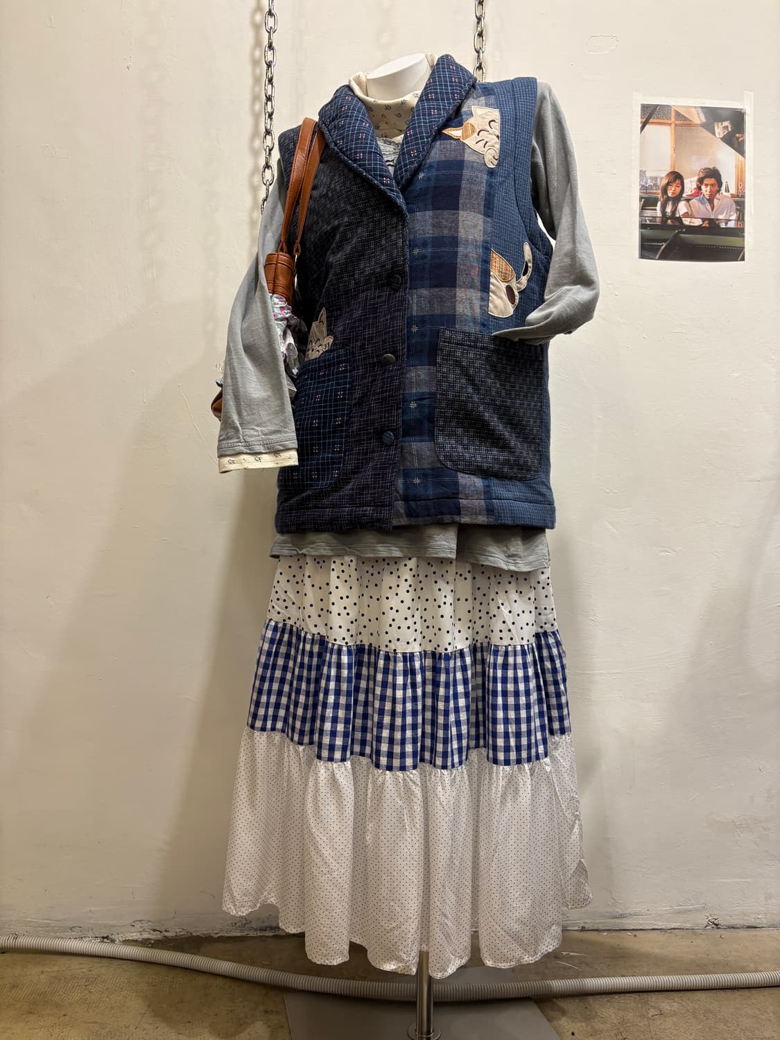 블루 체크 도트 패치워크 롱스커트 모리 상품이미지2
