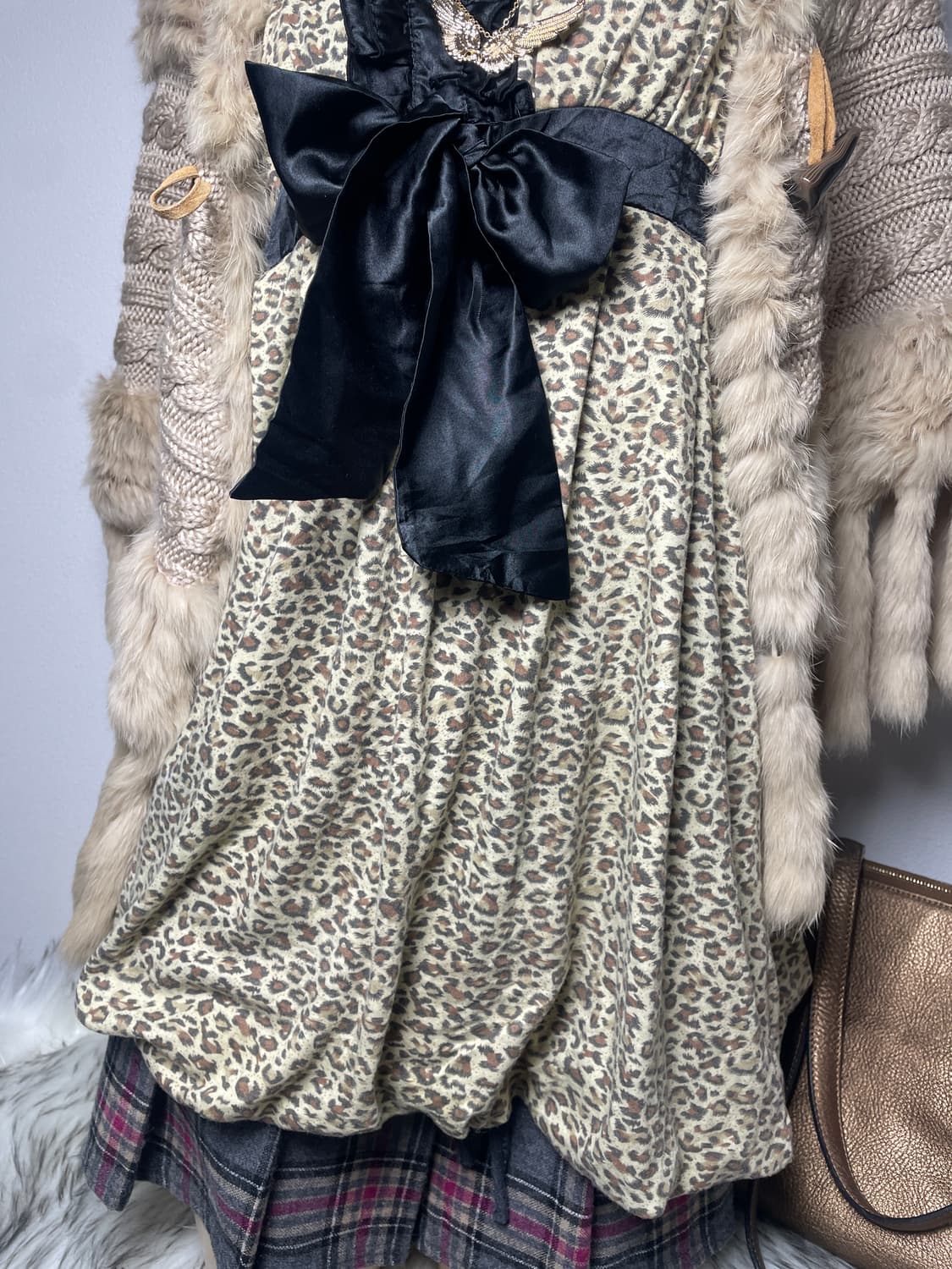 빈티지 갸루 래빗퍼케이프 호피 원피스 세트 상품이미지4