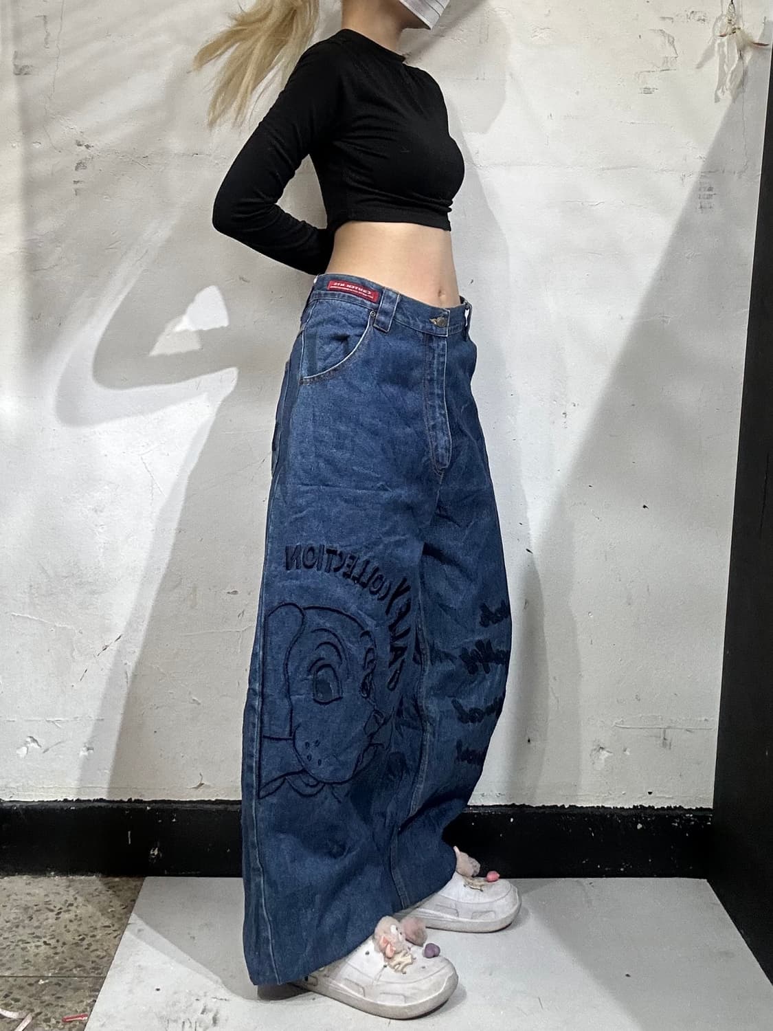 일본 빈티지 90s 중청 힙합 브랜드 아카이브 캐릭터 자수 데님 팬츠 상품이미지1