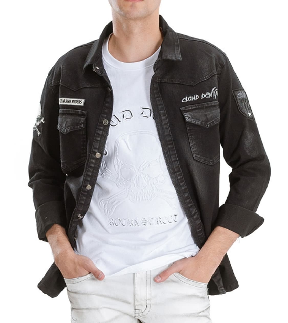 블랙실버 스컬자수 스판블랙 남방  상품이미지1