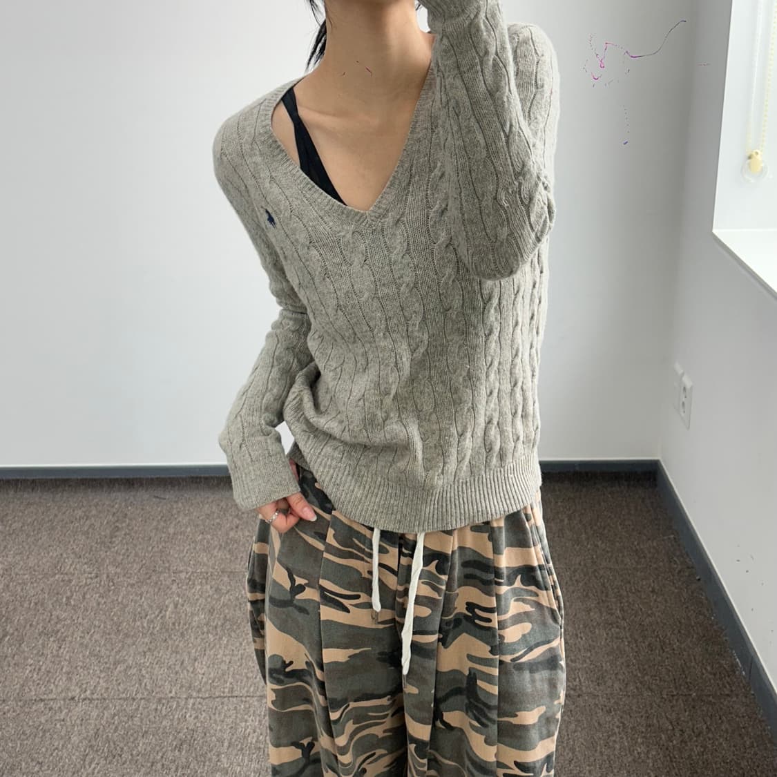 Polo 폴로 네이비 포니 카키베이지 브이넥 케이블 니트 상품이미지2